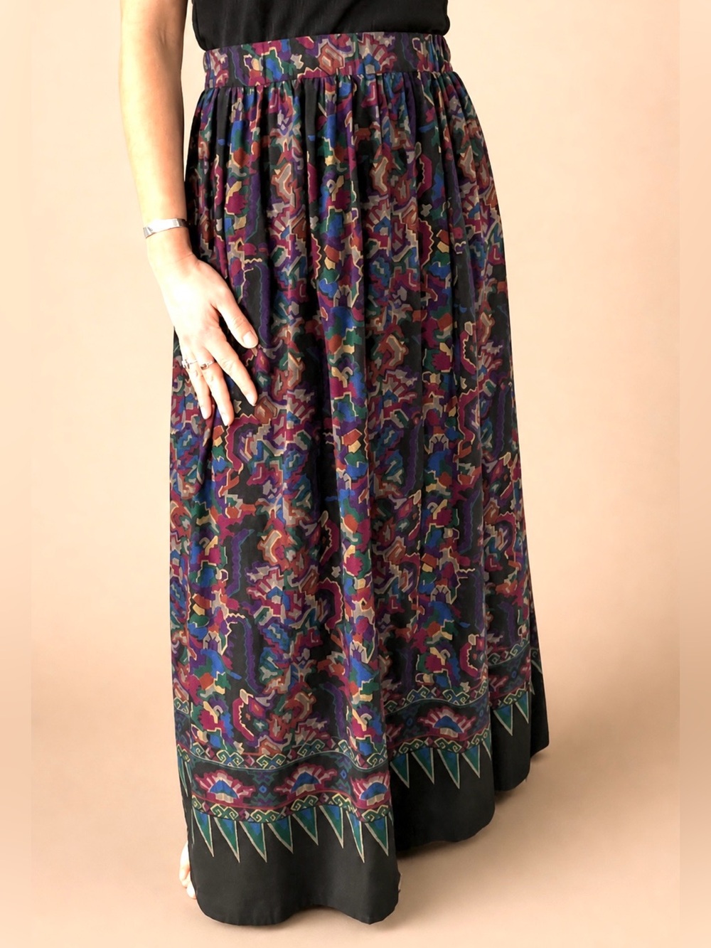 Vintage 90s Abstract Art Maxi Skirt – Custom Made, Multicoloured-gathered A-line